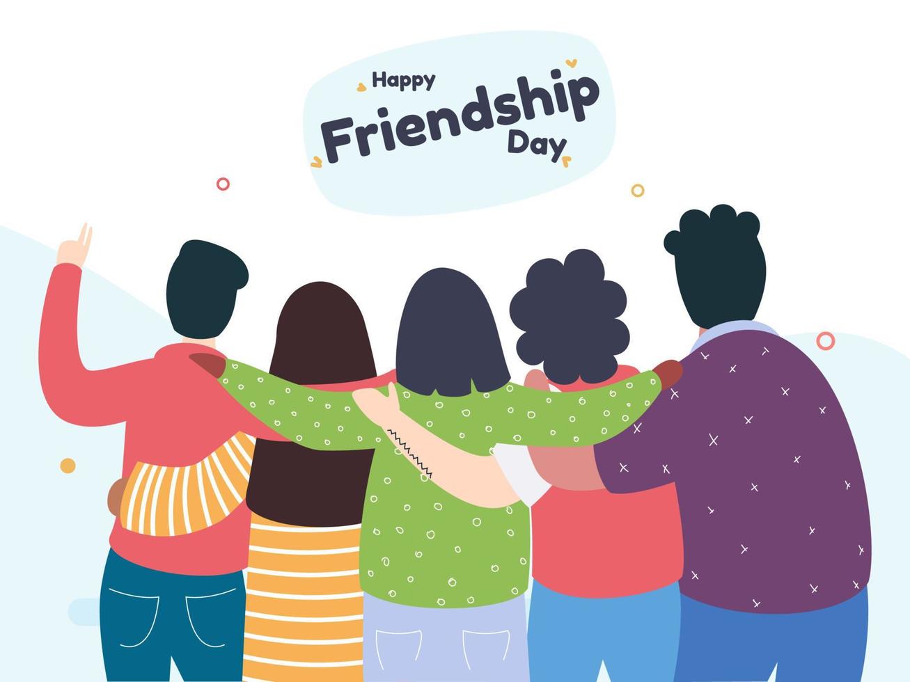 Back View Group of Teen Boys and Girls Hugging on White Background for Happy Friendship Day. vector