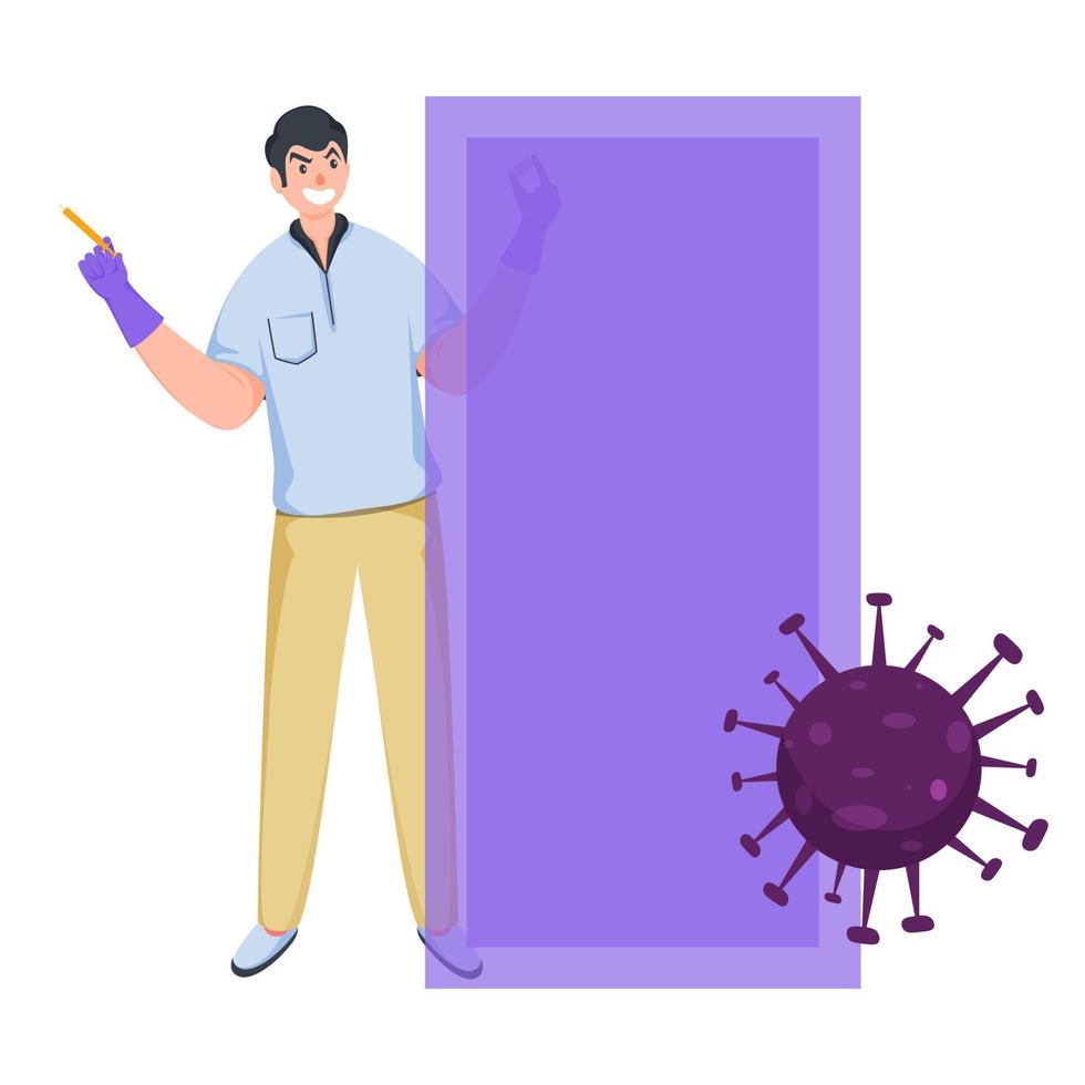 Young Man Holding Vaccine Syringe Fights Against Coronavirus On White Background. Covid-19 Vaccination And Development Concept. vector