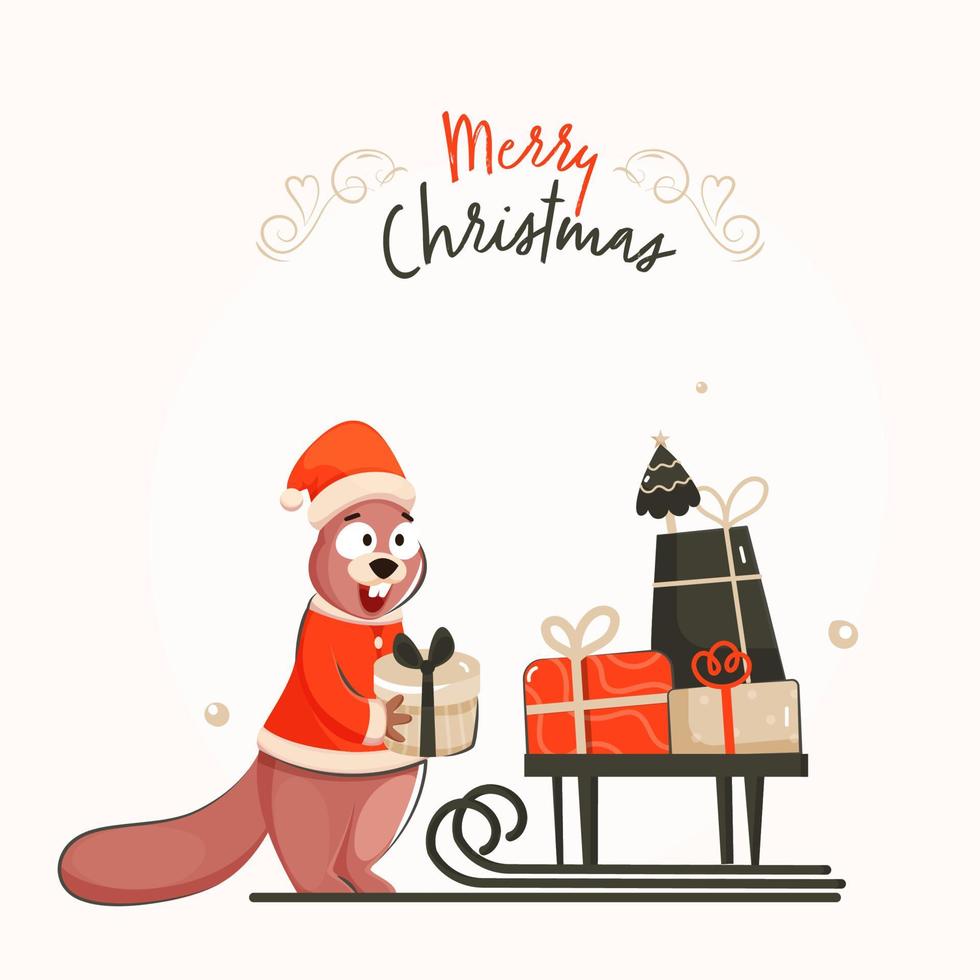 Illustration of Cartoon Squirrel Standing with Gift Boxes and Xmas Tree on Sleigh for Merry Christmas Celebration. vector