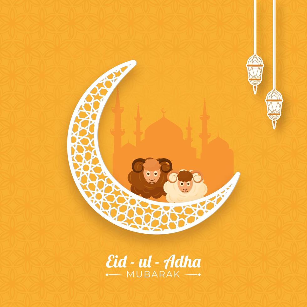 White Arabesque Moon with Two Cartoon Sheep, Silhouette Mosque and Sticker Style Lanterns Hang on Orange Arabic Pattern Background for Eid-Ul-Adha Mubarak. vector