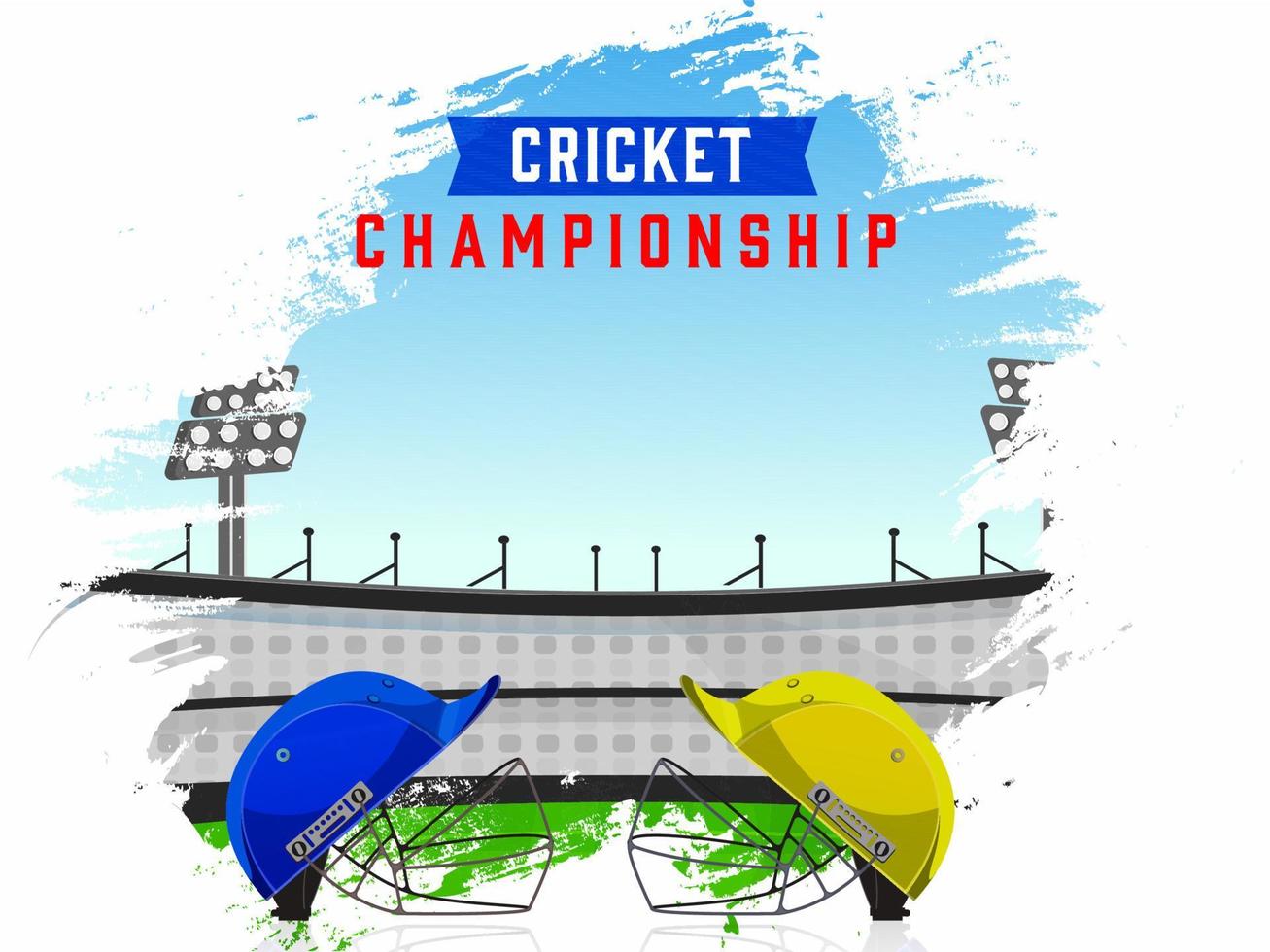 Cricket Attire Helmets of Participants Team on Brush Stroke Effect Stadium Background for Championship. vector