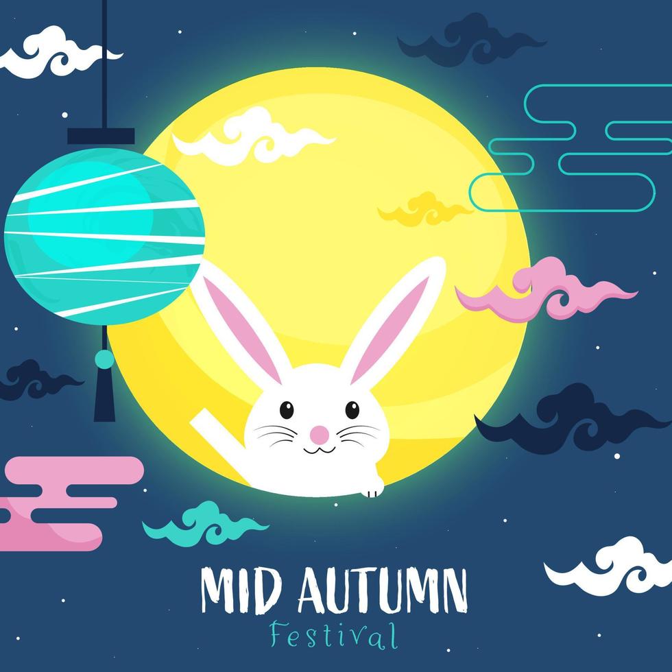 medio otoño festival celebracion póster diseño con linda conejito, colgando chino linternas y lleno Luna en azul antecedentes. vector