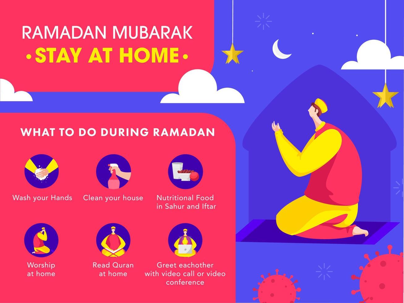 musulmán hombre ofrecimiento namaz en hogar con covid-19 prevención en Ramadán Mubarak para conciencia social medios de comunicación campaña. vector