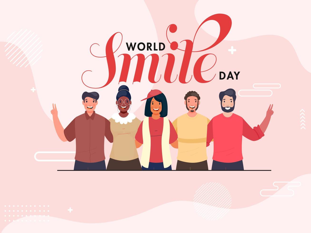 Cheerful Young Boys and Girls Group in Photo Capturing Pose on Pink Background for World Smile Day. vector