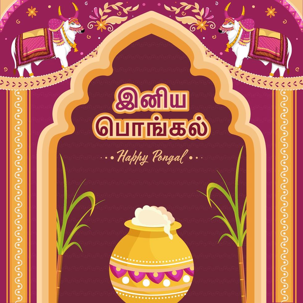 tamil idioma de contento pongal texto con tradicional plato en barro maceta, Caña de azúcar y dibujos animados buey o toro personaje en kitsch Arte estilo antecedentes. vector