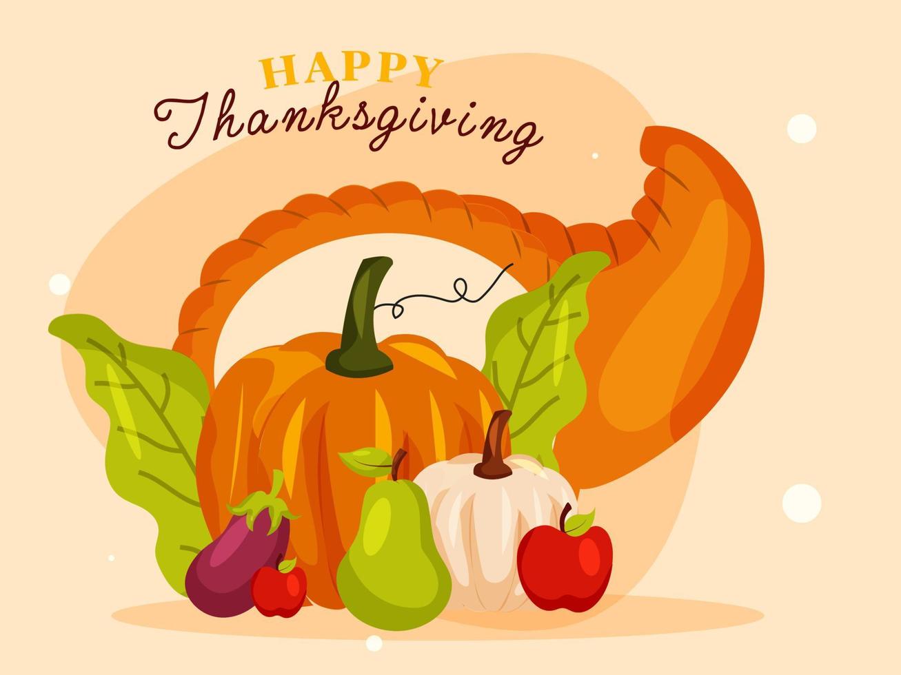 Illustration of Pumpkins with Brinjal, Pear, Apple, Leaves and Cornucopia on Light Orange Background for Happy Thanksgiving Celebration. vector