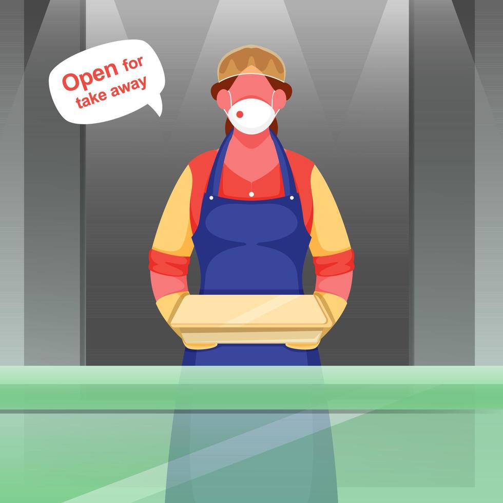 Waiter Woman Wear Protective Mask, Gloves With Holding Package And Open For Take Away Message During Coronavirus. vector