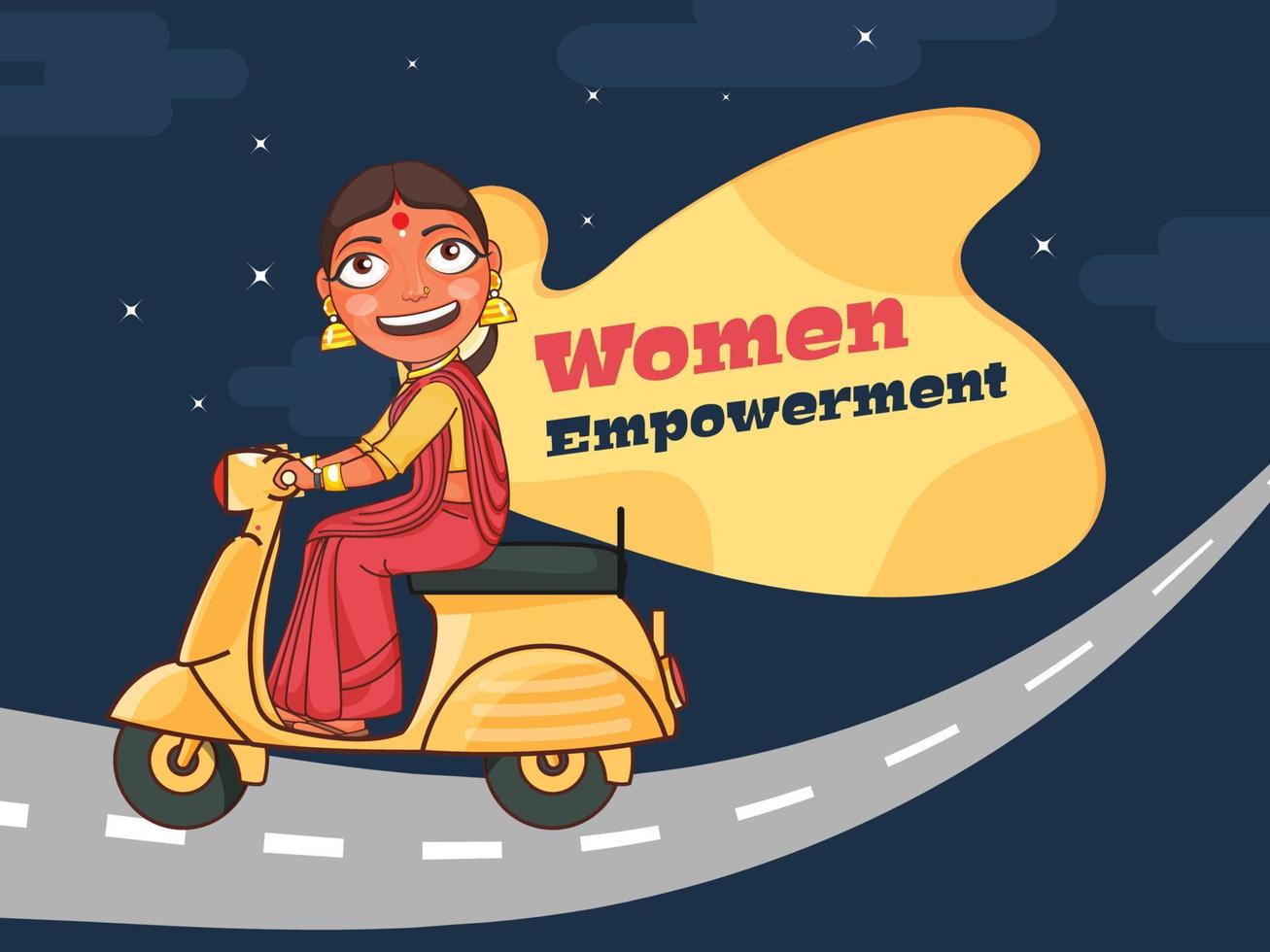 Cheerful Indian Woman Driving Scooter on Road Blue Background for Women Empowerment Concept. vector