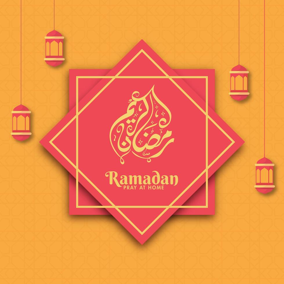 Ramadan Kareem Calligraphy in Arabic Language with Hanging Lanterns on Orange Islamic Pattern Background for Pray At Home Concept. vector