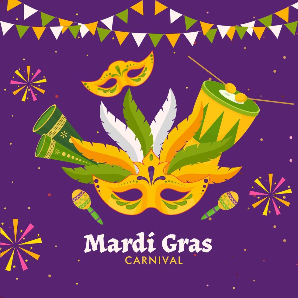 Mardi Gras Carnival Concept With Feather Mask, Maracas, Vuvuzela And Drum Instrument Decorated On Purple Background. vector