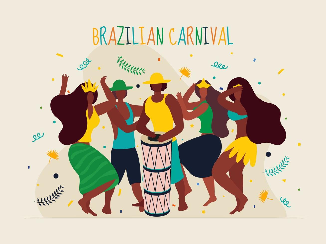 Brazil People Dancing with Drum Instrument on White Background for Brazilian Carnival Celebration. vector