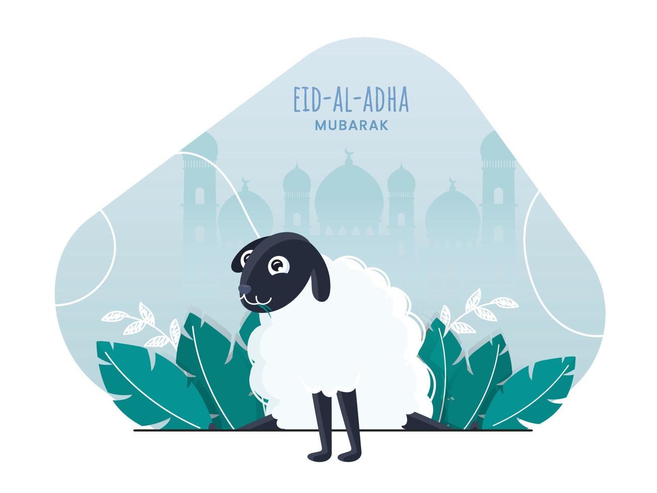 Vector Illustration of Cartoon Sheep and Leaves on Blue Silhouette Mosque Background for Eid-Al-Adha Mubarak Celebration Concept.