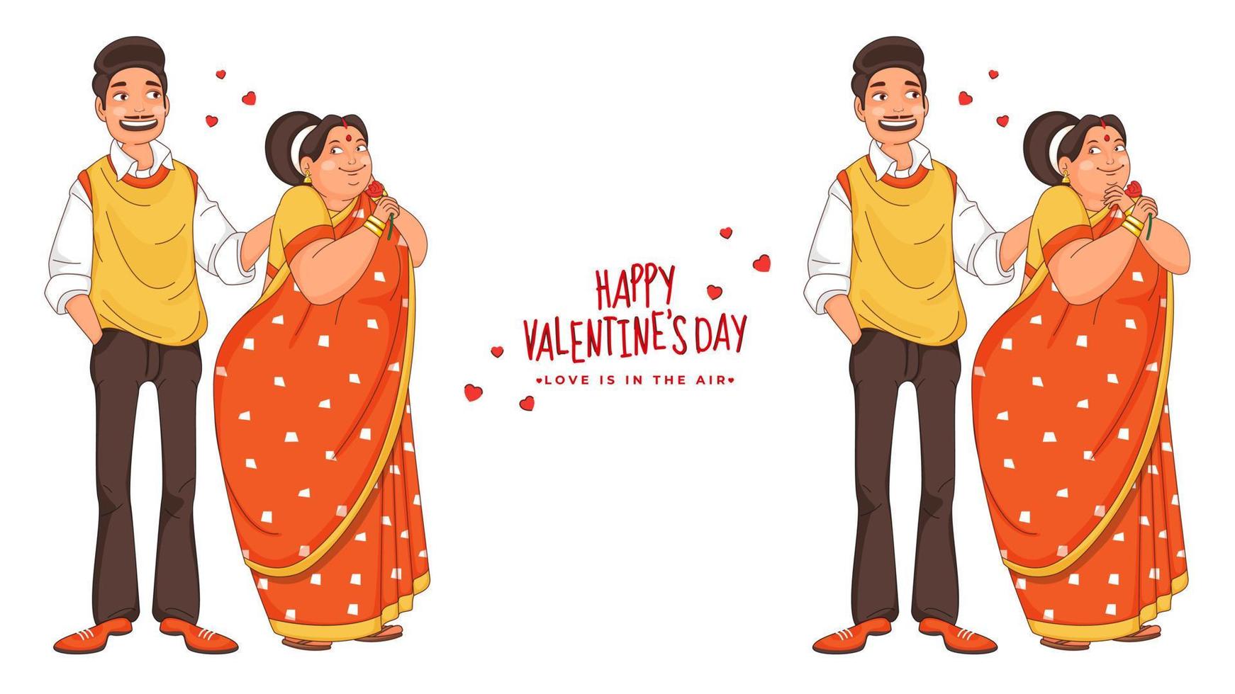 dos tipos imagen de dibujos animados amoroso Pareja personaje en en pie actitud para contento San Valentín día, amor es en el aire concepto. vector