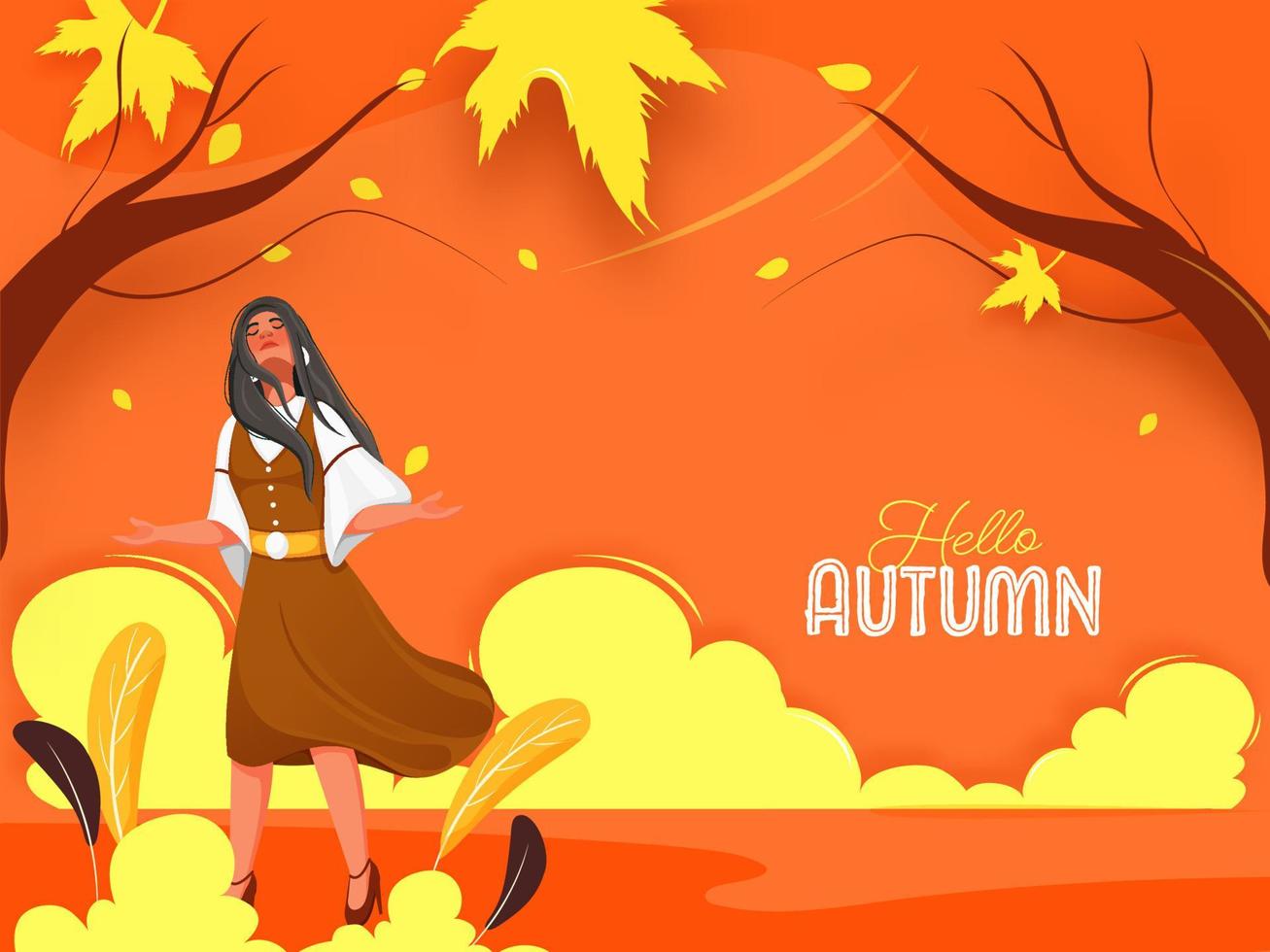 Hola otoño texto con joven niña disfrutando naturaleza en naranja antecedentes. vector