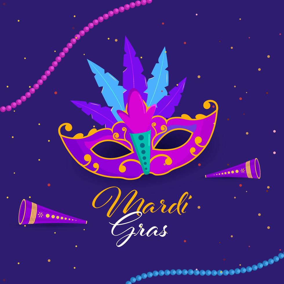 mardi gras fuente con fiesta mascarilla, vuvuzela y rosario guirnalda decorado en Violeta antecedentes. vector