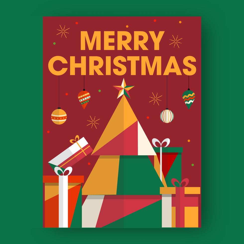 Merry Christmas Text With Colorful Paper Cut Xmas Tree, Gift Boxes And Hanging Baubles On Red Background. vector