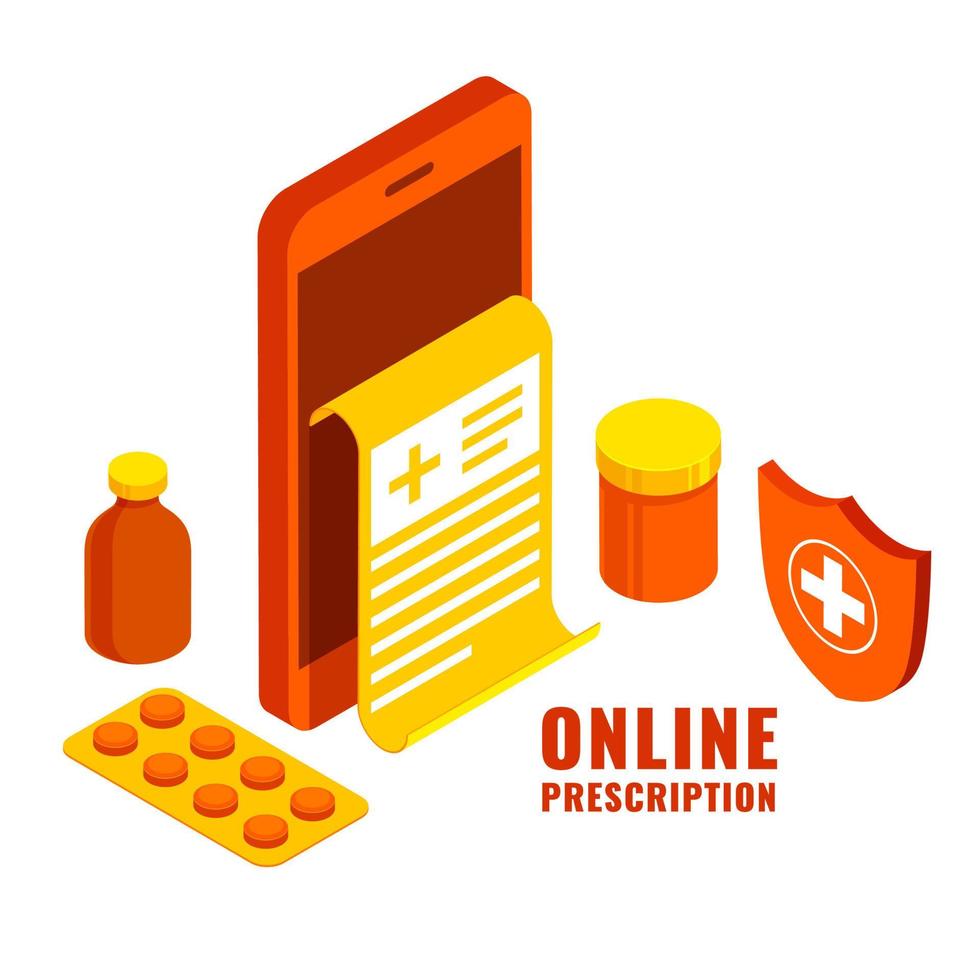 Online Prescription In 3D Smartphone With Medicine Packet, Bottle And Security Shield On White Background. vector