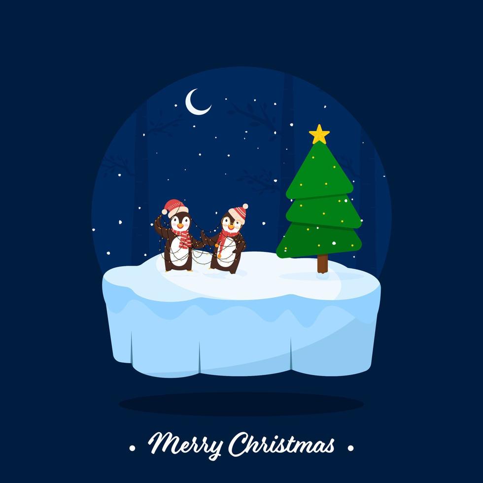 Merry Christmas Font with Cartoon Two Penguins Wear Lighting Garland, Xmas Tree on Snowy and Crescent Moon Blue Background. vector
