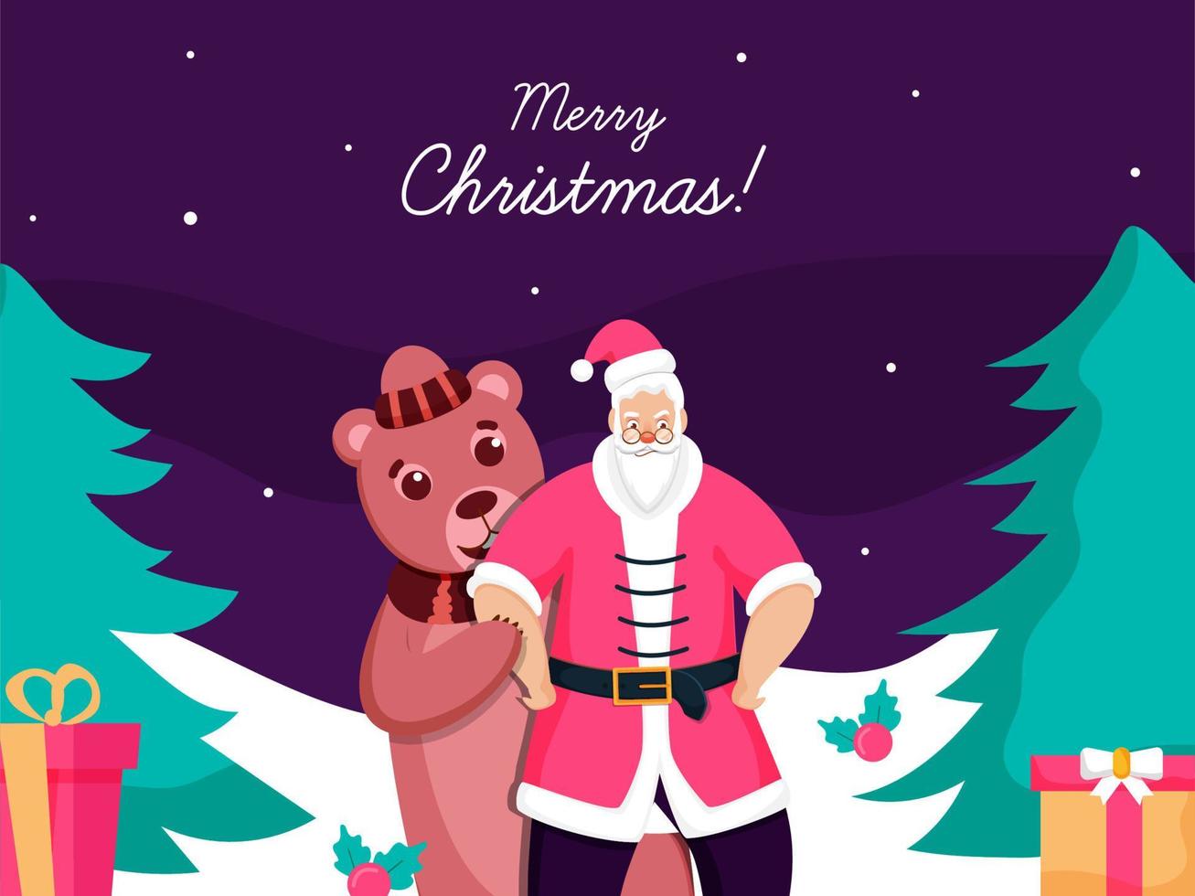 dibujos animados oso detrás Papa Noel claus con regalo cajas, Navidad arboles en púrpura y blanco antecedentes para alegre Navidad celebracion. vector