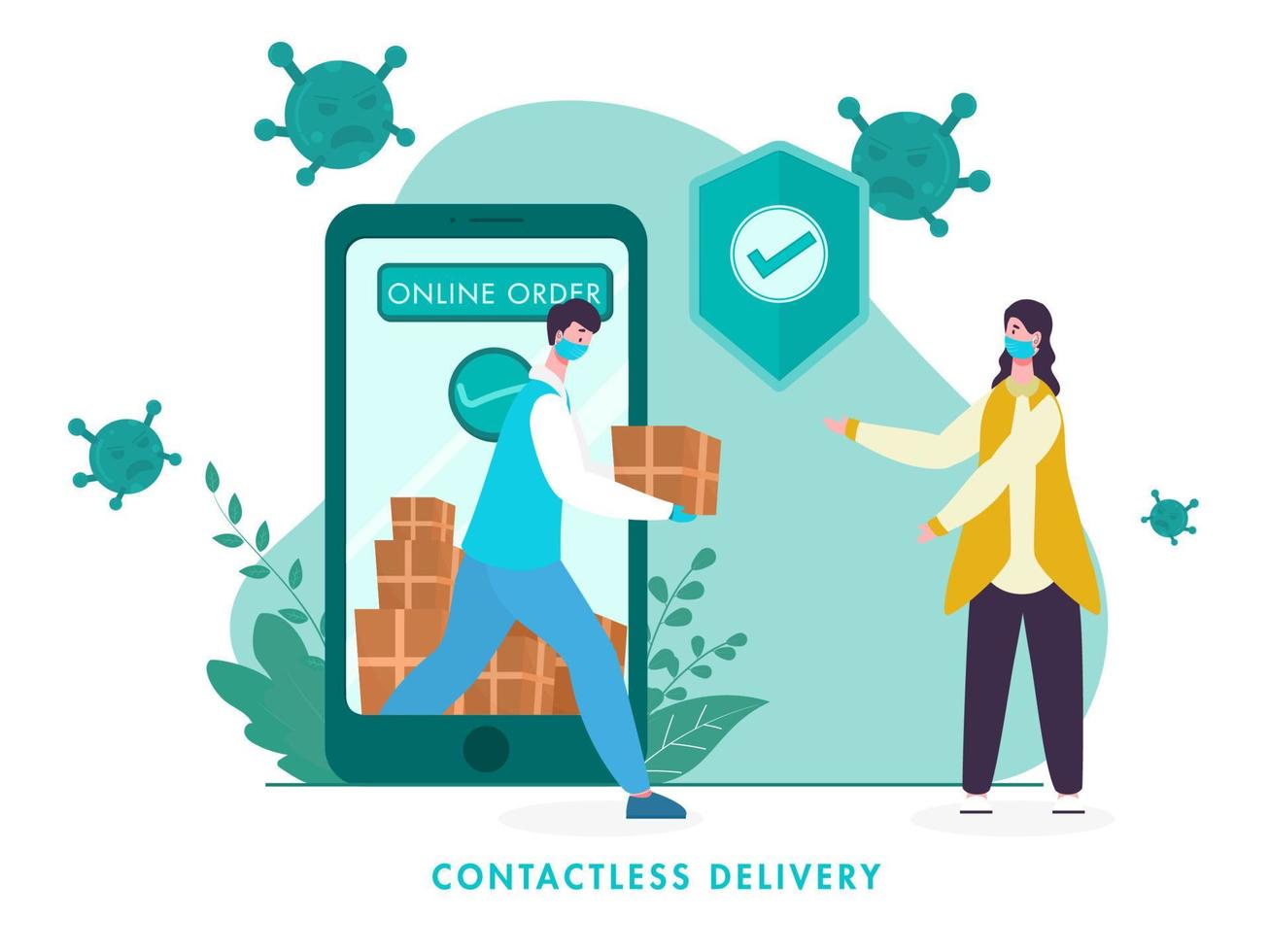 Online Contactless Delivery Order from Smartphone with Courier Boy Giving Parcel to Woman and Approval Security Shield for Avoid Coronavirus. vector