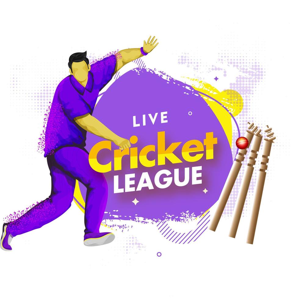 Live Cricket League Poster Design with Noise Effect Cartoon Bowler and Realistic Ball Hitting Wicket Stumps on Abstract Background. vector