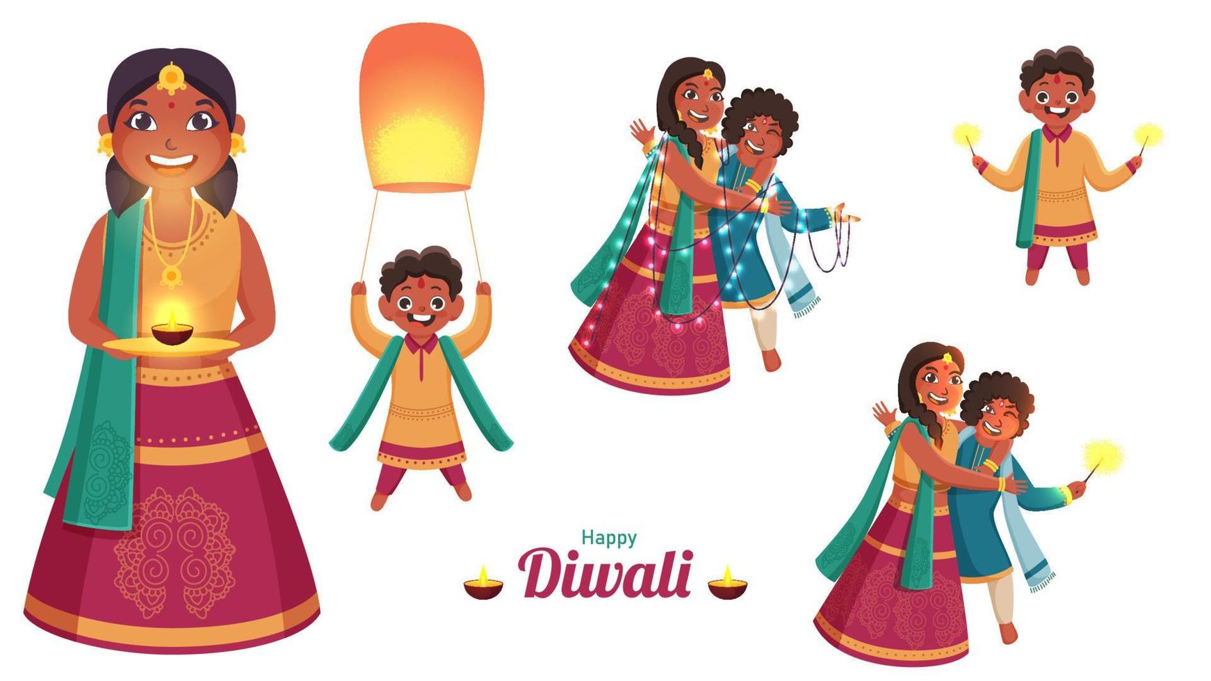 Indian Kids Enjoying and Celebrating Diwali Festival on White Background. vector