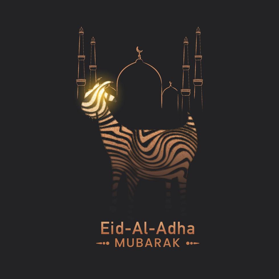 Eid-Al-Adha Mubarak Text with Glittering Goat in Stripes Curve Pattern and Line Art Mosque on Black Background. vector