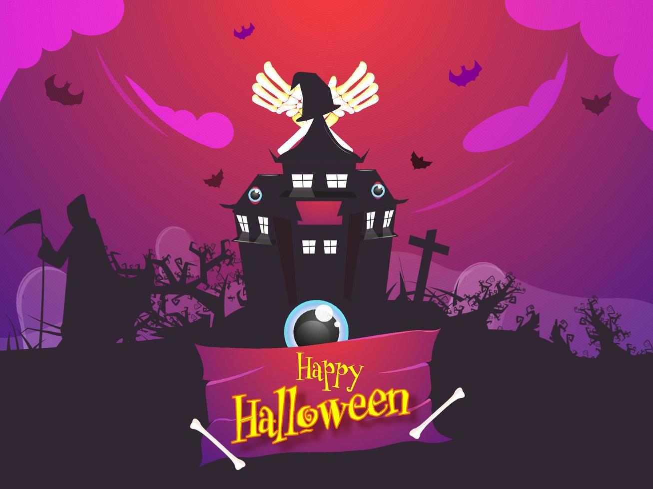Happy Halloween Celebration Background with Cross Skeleton Hands, Silhouette Grim Reaper and Haunted House. vector