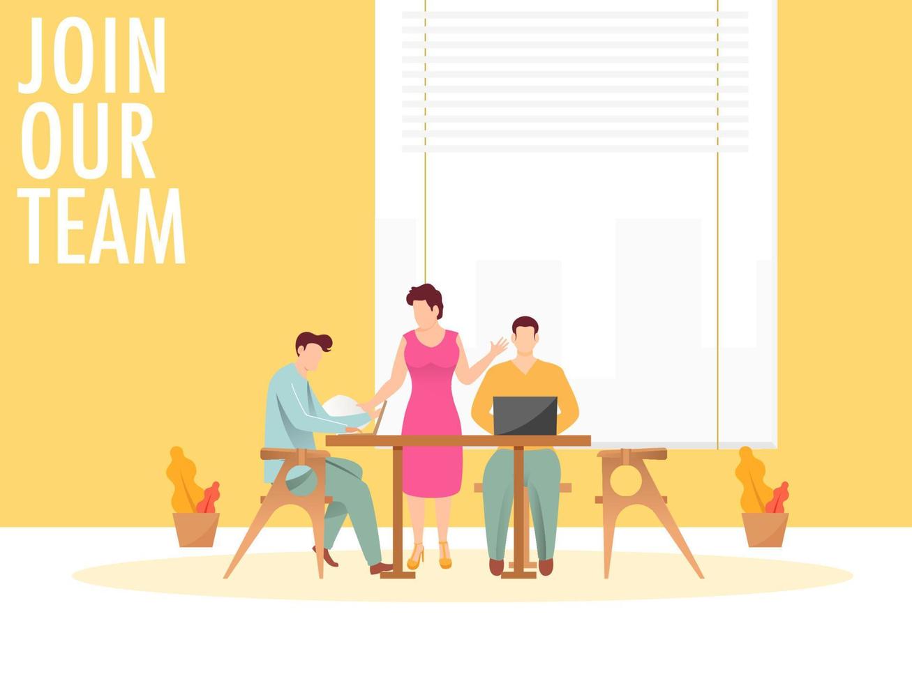 Join Our Team Concept with Business Man and Woman Working Together on Workplace. vector