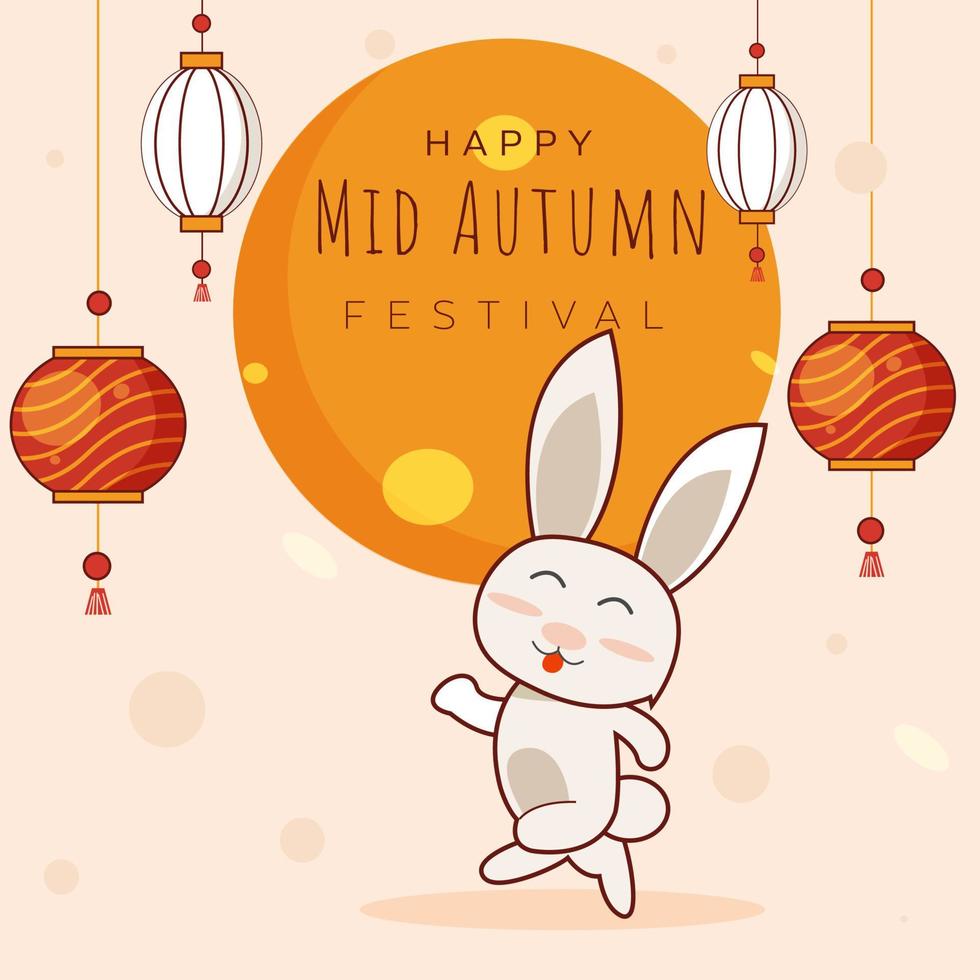 Vector Illustration of Cartoon Bunny and Hanging Chinese Lanterns Decorated Background for Happy Mid Autumn Festival Celebration.
