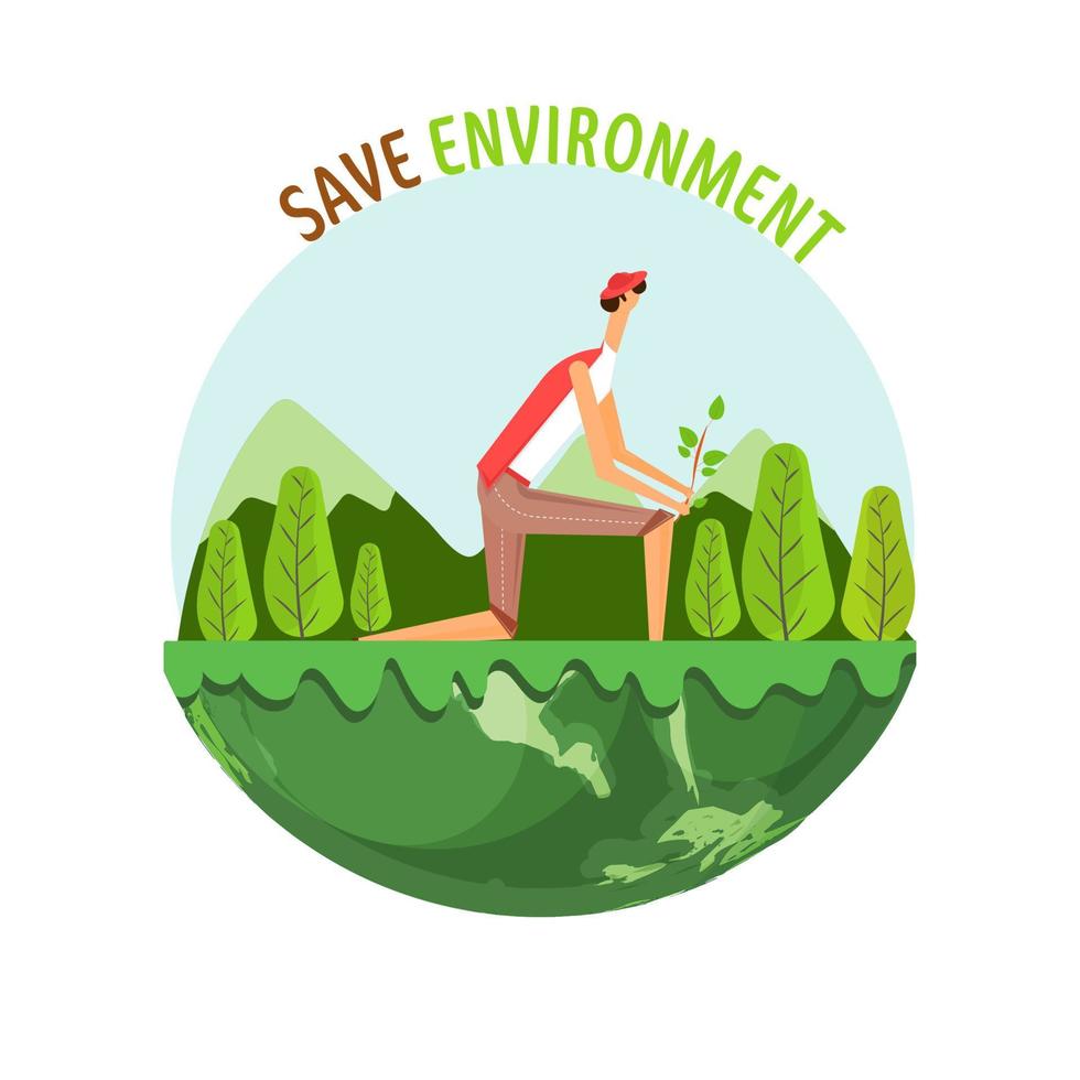 Cartoon Man Gardening on Half Green Globe for Save Environment Concept. vector