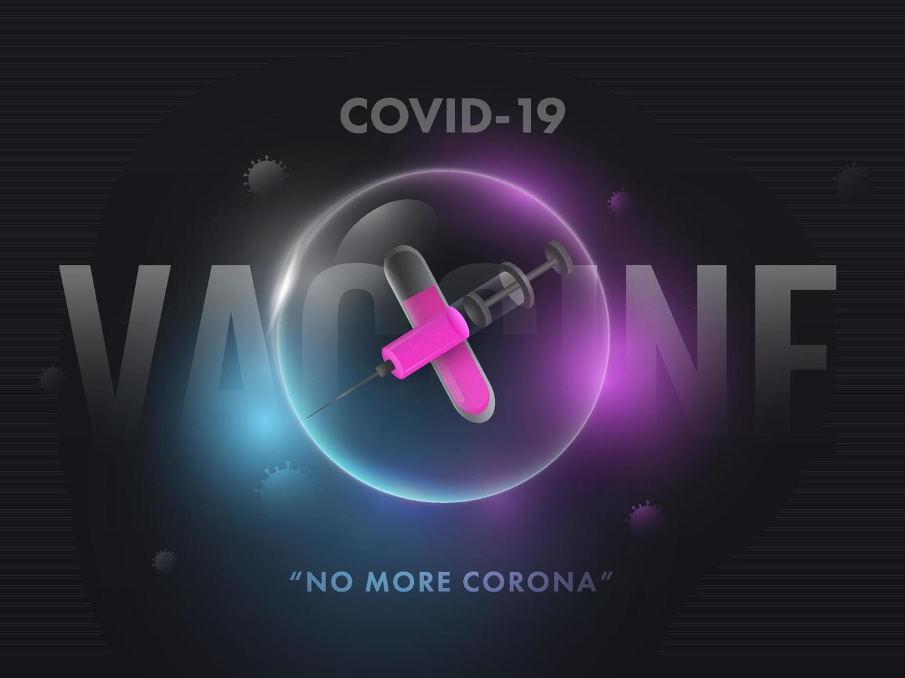 Covid-19 Vaccine Syringe With Ampoules Inside 3D Bubble On Black Background For No More Corona. vector