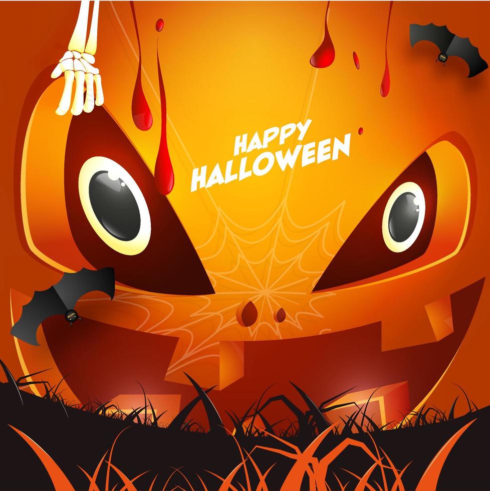 Happy Halloween Celebration Poster Design with Jack-O-Lantern, Dripping Blood, Skeleton Hand and Fly Bats on Grass Background. vector