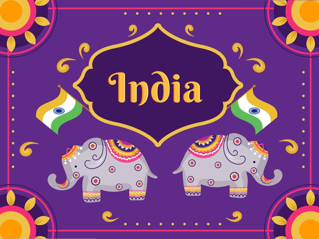 India Art Style Background With Elephants Illustration And Indian Flags. vector