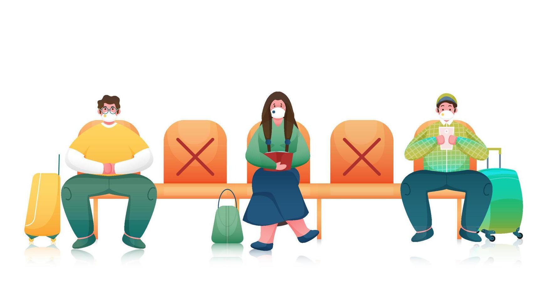 Passenger or People wearing Medical Mask Sitting on Seat with Maintaining Social Distance on White Background. vector