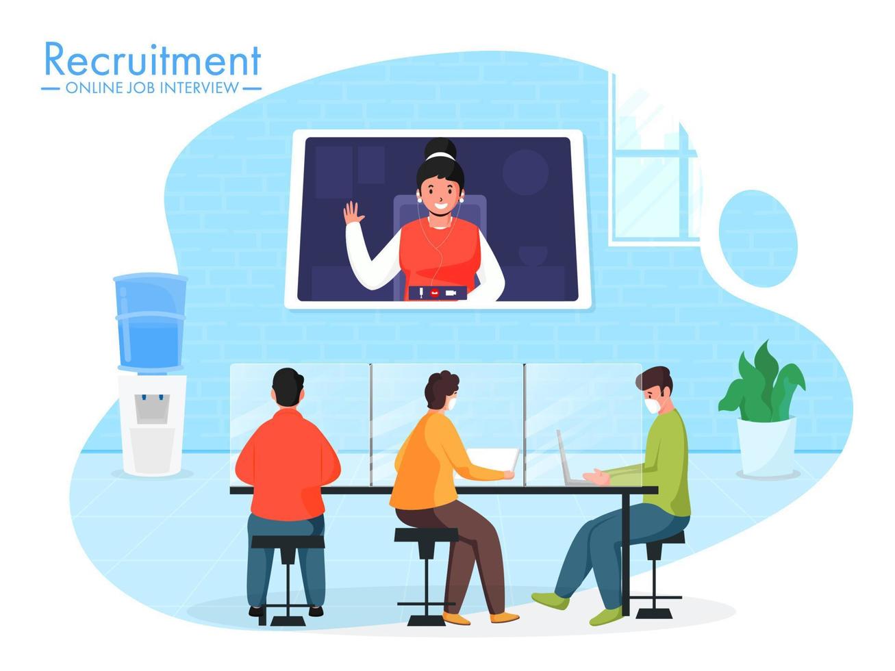 Business People Wear Protective Mask During Work Together At Workplace With Having Video Conference For Online Job Interview Recuitment Concept. vector