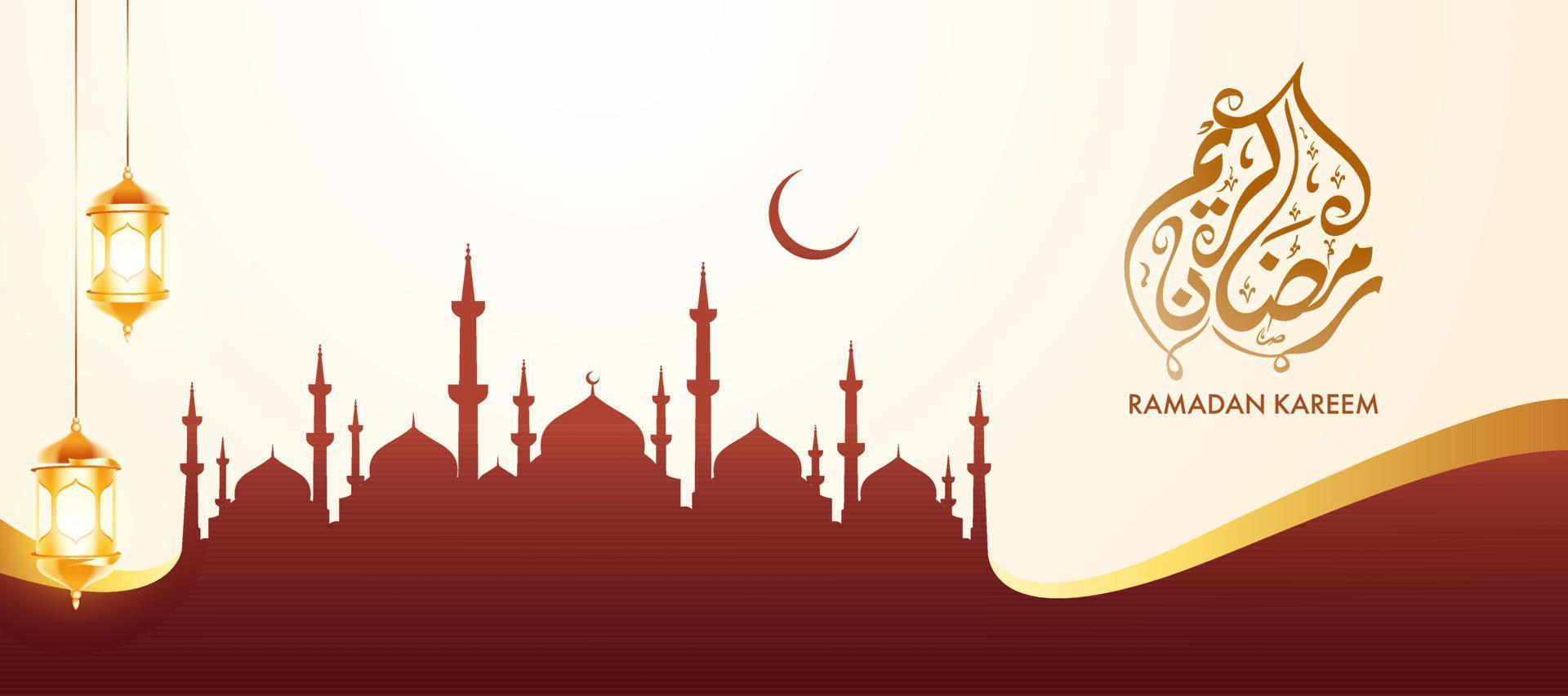 Arábica caligrafía de Ramadán Kareem, creciente luna, silueta mezquita y colgando dorado iluminado linternas en blanco antecedentes. encabezamiento o bandera diseño. vector