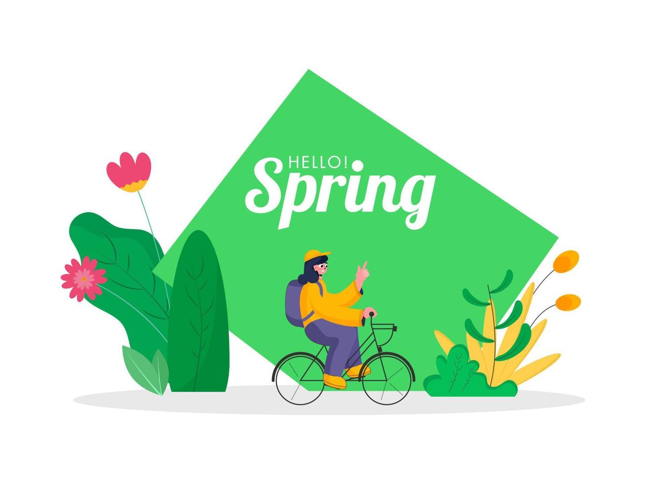 Young Girl Riding a Bicycle with Backpack on Floral Nature Background for Hello Spring. vector
