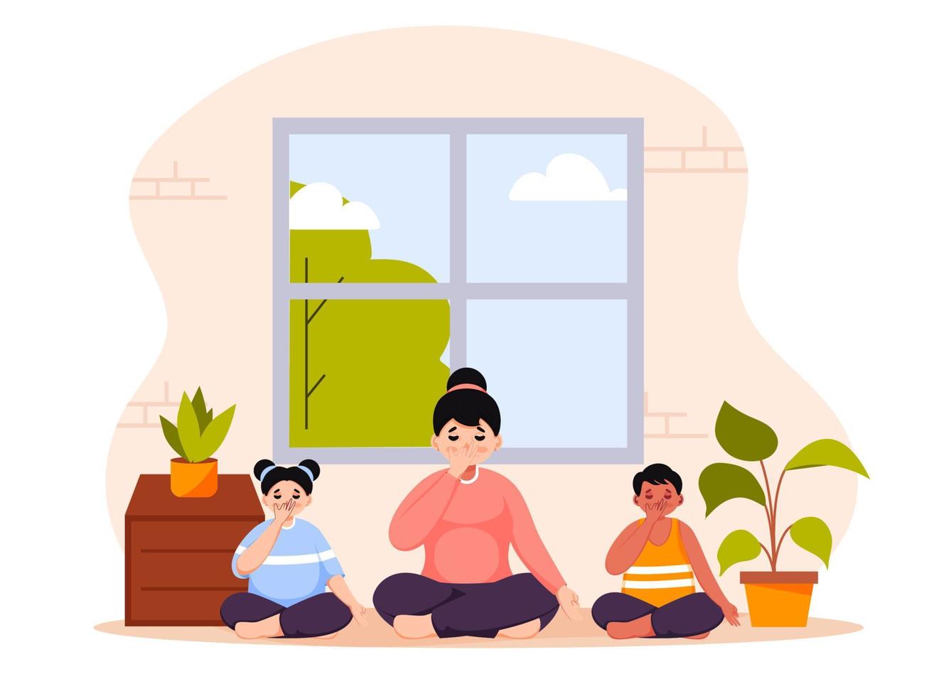 Young Woman and Kids Doing Alternate Nostril Breathing Yoga at Home. vector