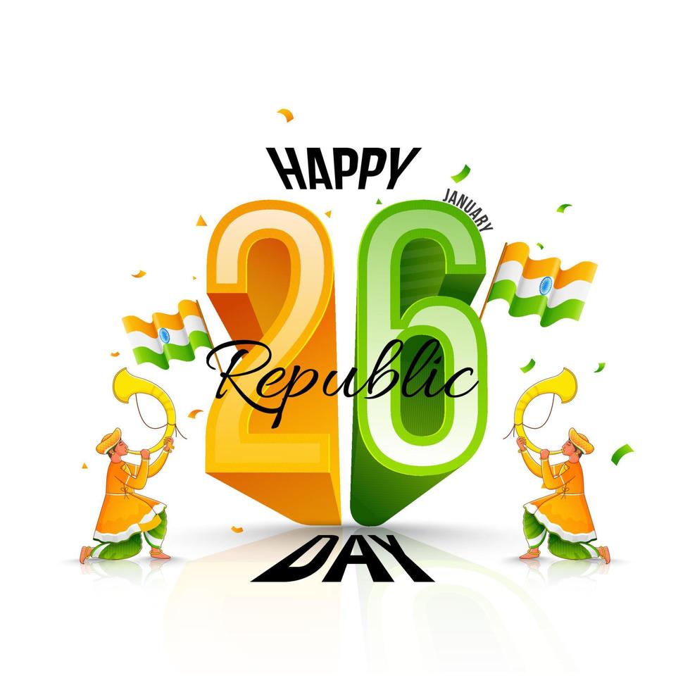 3D 26 Number Of January With Indian Flags And Traditional Tutari Players Character On White Background For Republic Day. vector