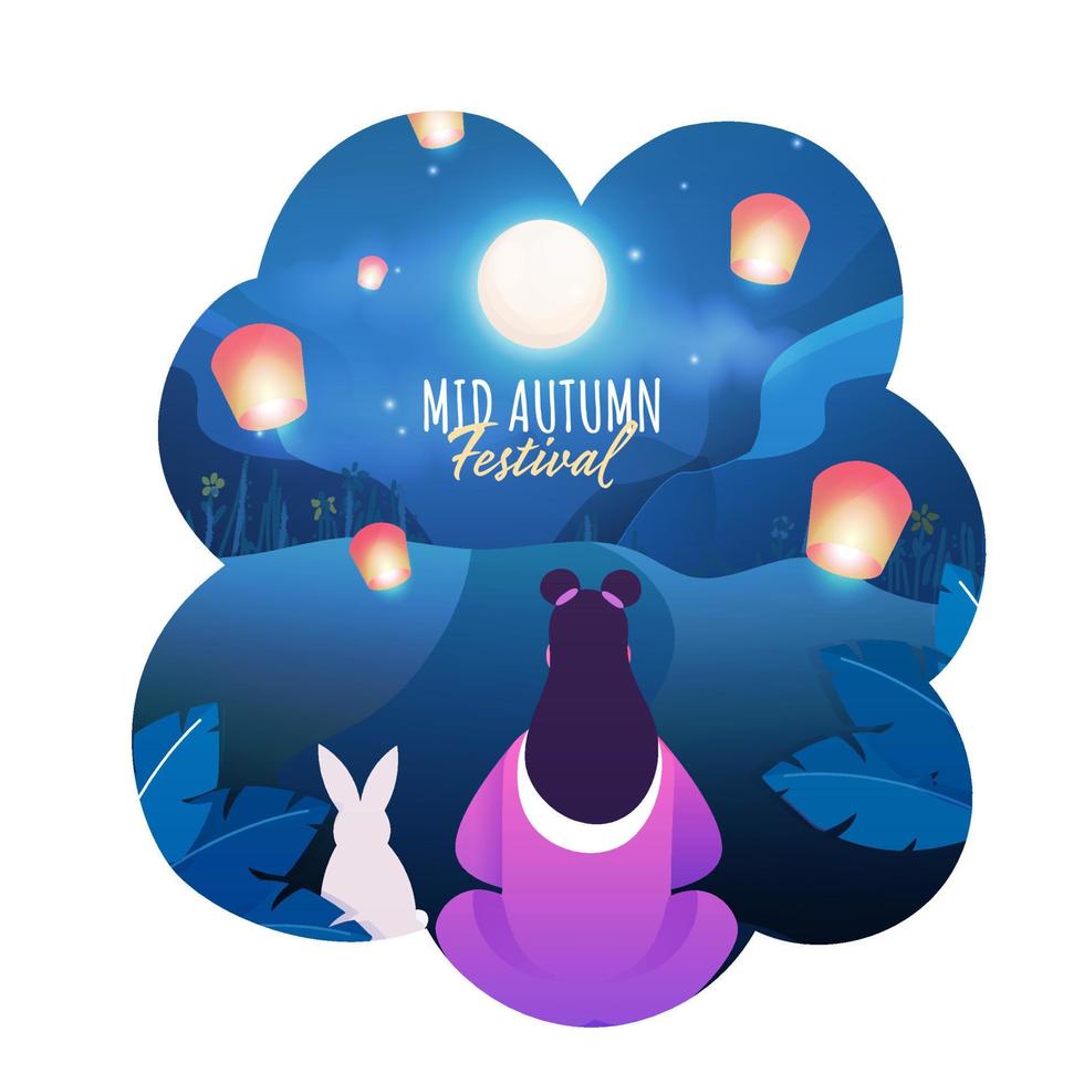Beautiful Full Moon Nature Background Decorated with Flying Lanterns, Back View of Chinese Female and Bunny for Mid Autumn Festival Celebration. vector
