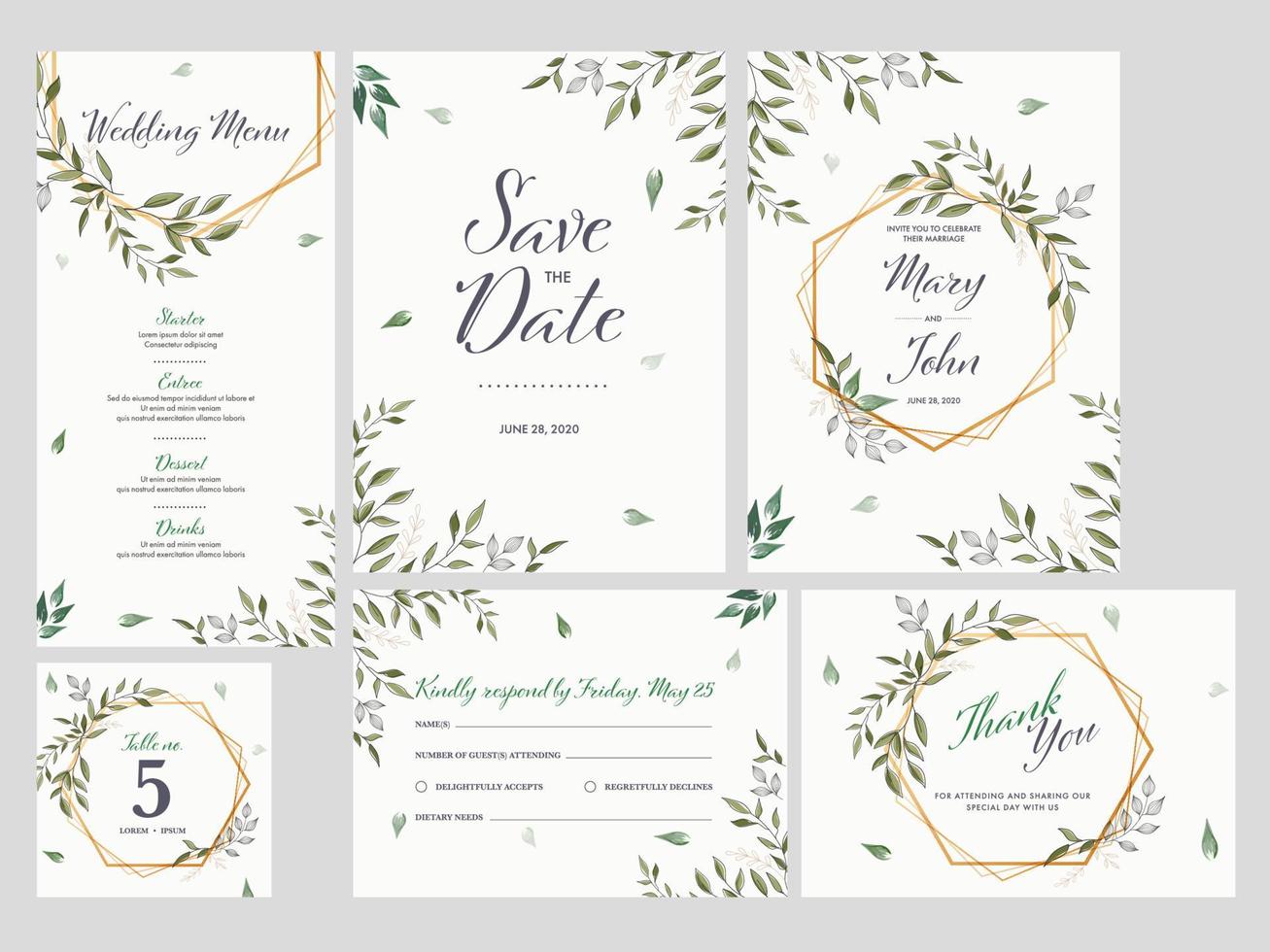 Boda invitación, menú, salvar el fecha, mesa número, gracias usted y rsvp tarjeta decorado hojas. vector