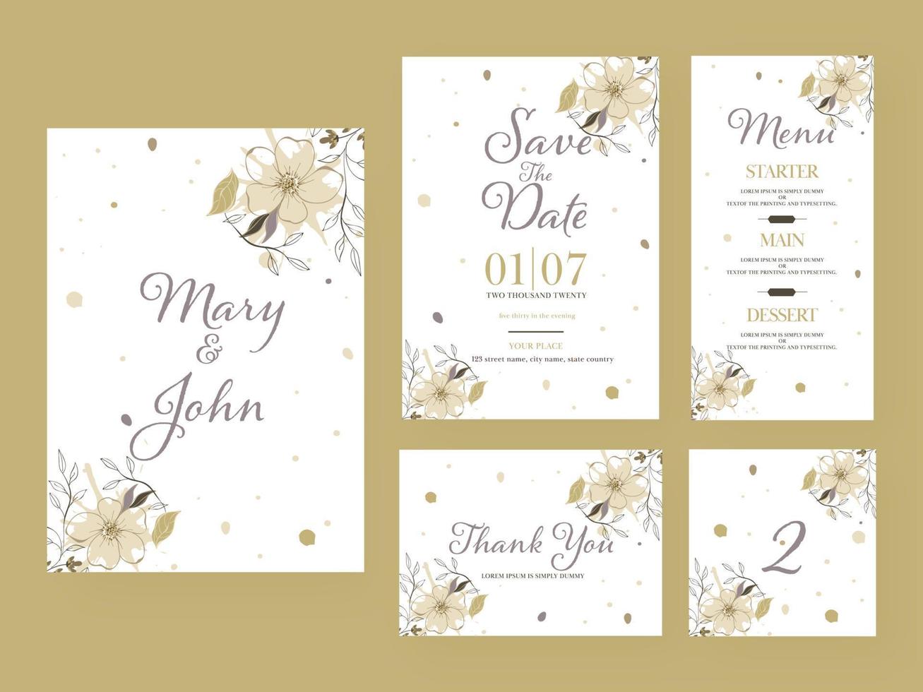 Wedding Invitation Template Layout, Save The Date, Menu Details and Thank You Card Decorated with Flowers. vector