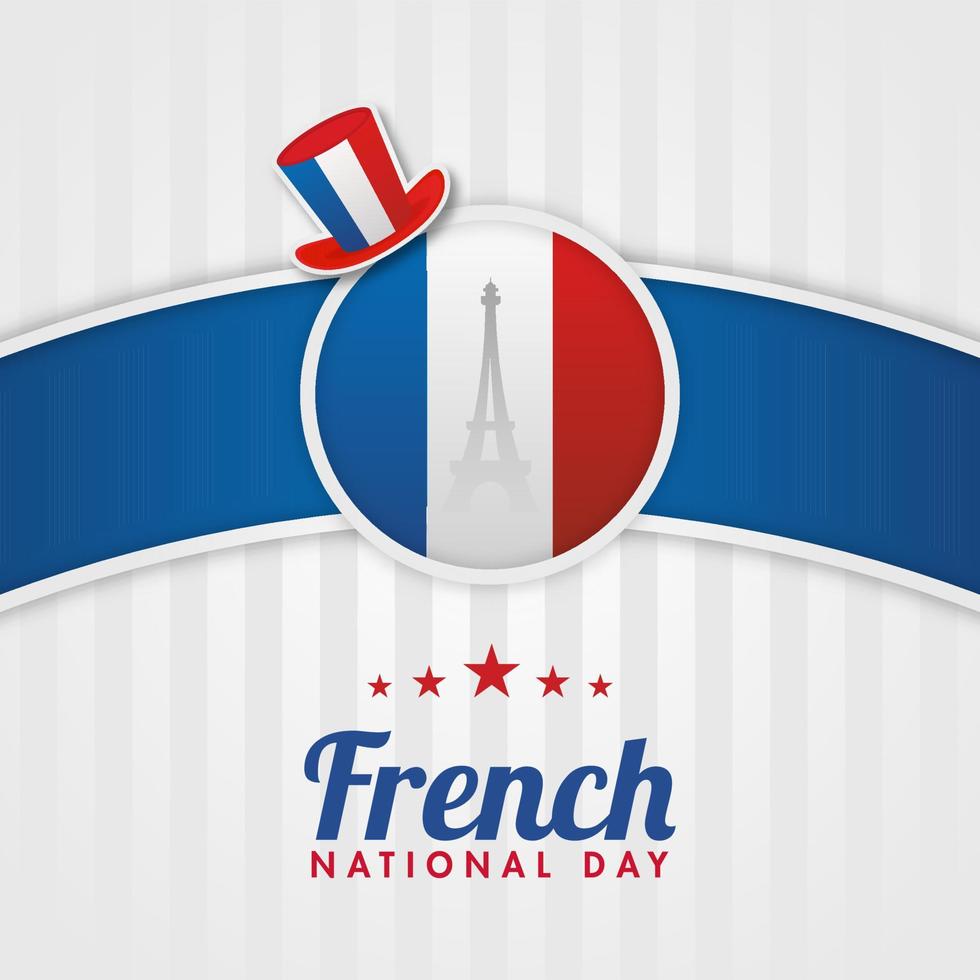 Sticker Style France Badge or Label with Silhouette Eiffel Tower and Top Hat on White Strip Pattern Background for French National Day. vector