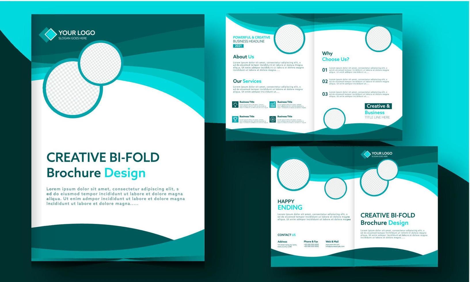 Creative Bi-Fold Brochure Design With Space For Images In Front And Back View. vector