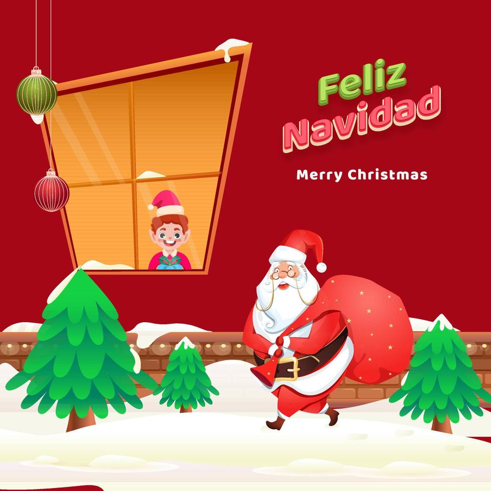 Merry Christmas Text in Spanish Language with Cartoon Boy, Xmas Trees and Santa Claus Lifting A Heavy Bag on Red Snowy Background. vector