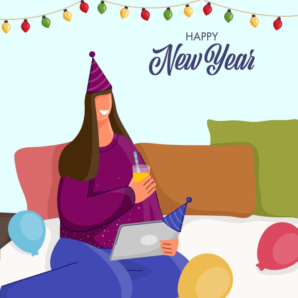 contento nuevo año vector ilustración con niña ir de fiesta en línea