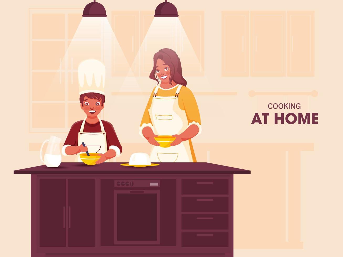 felicidad mujer Ayudar su hijo haciendo comida a cocina hogar durante coronavirus. lata ser usado como póster diseño. vector