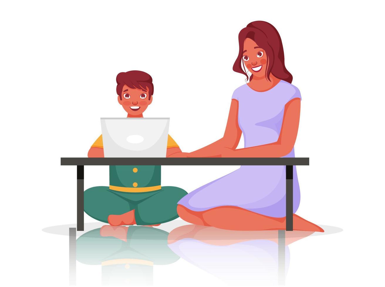 Happiness Boy Using Laptop At Table With Young Woman Sitting On White Background. vector