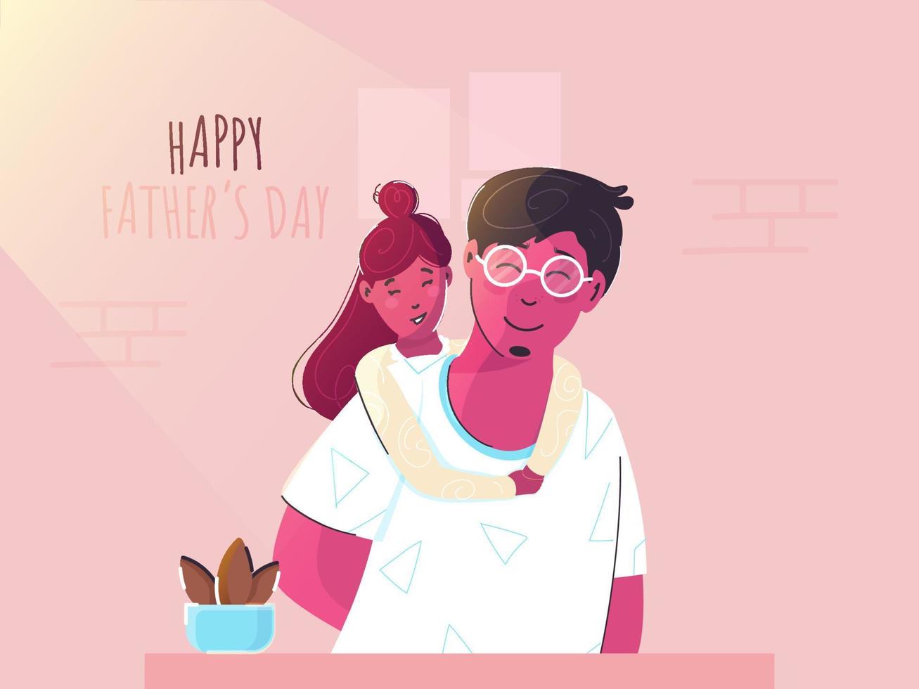 linda niña abrazo a su padre desde detrás en rosado antecedentes para contento del padre día concepto. vector